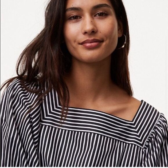 LOFT Striped Square Neck Puff Sleeve Blouse Small - Picture 3 of 8